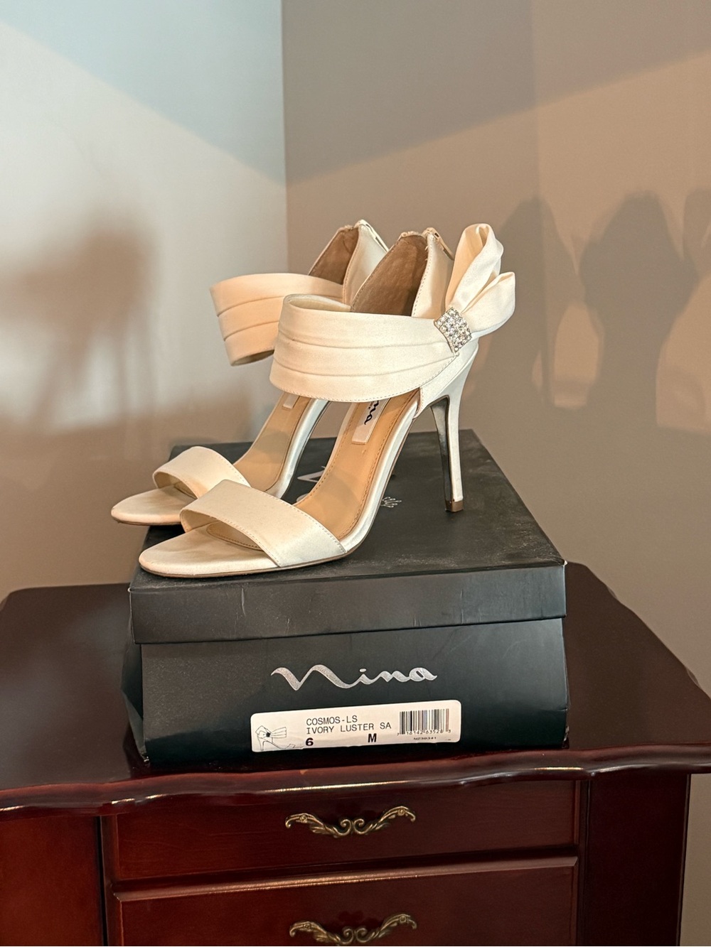 Nina Ivory Satin Ankle Wrap Stiletto Sandals